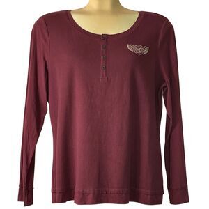 Harley Davidson Maroon Henley LS Shirt 2X Metal Logo Buttons Ribbed Excellent